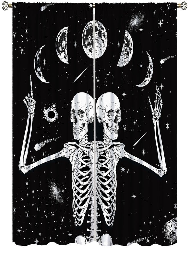 AAVEUP Gothic Skull Curtains for Bedroom,Gothic Funny Dark Stars Moon Moon Phase Shooting Star Skeleton Man Window Drapes for Boys Girls Juvenile Bedroom Living Room Bathroom 42x45in（No Blackout）
